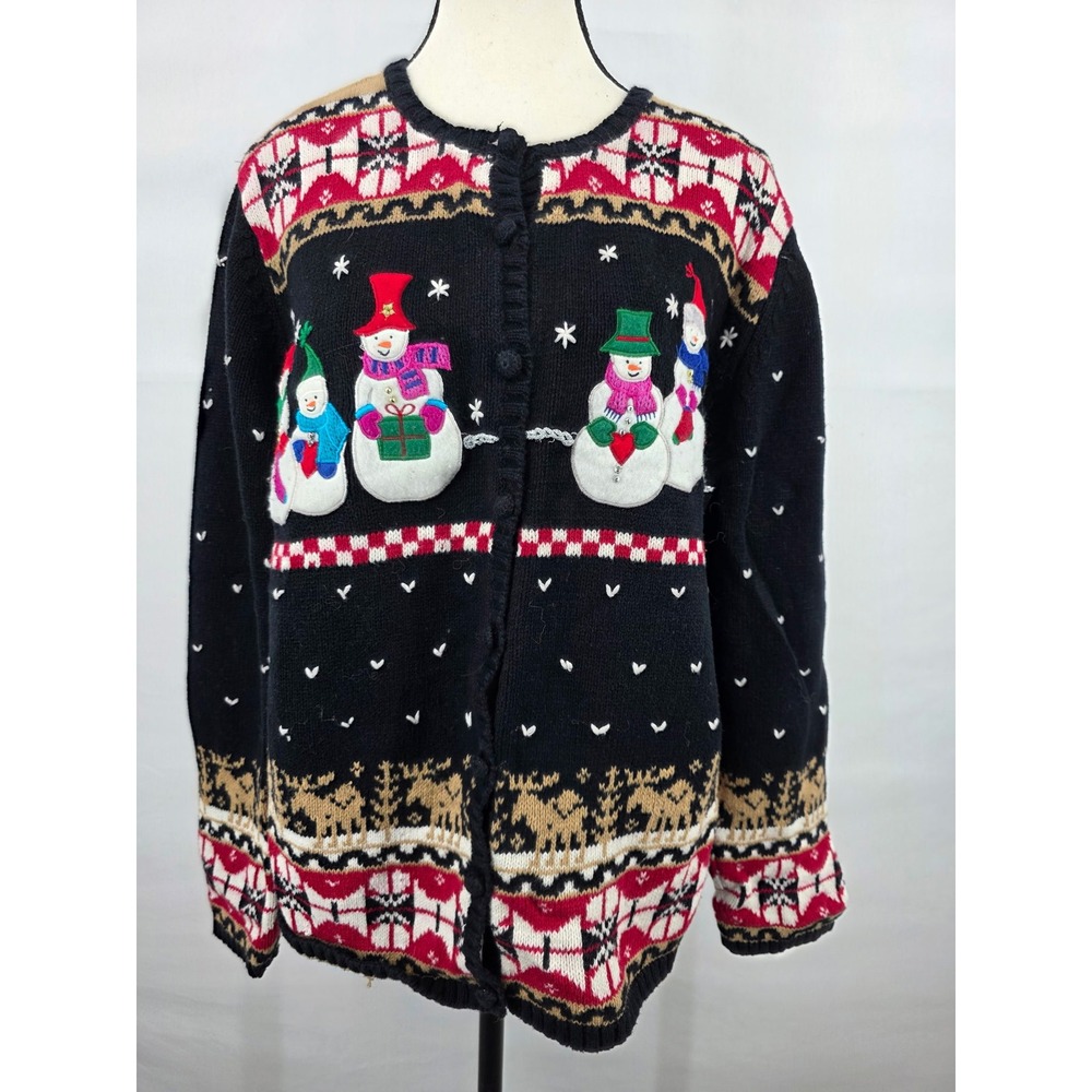 Designers Originals Studio Joy Snowman Cardigan Sweater XL Black Vintage Holiday
